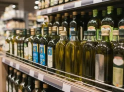 Scaffale del supermercato con bottiglie di olio extravergine Bottiglie di olio extravergine di oliva esposte sugli scaffali di un supermercato