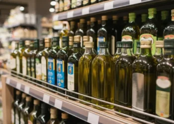 Bottiglie di olio extravergine di oliva esposte sugli scaffali di un supermercato