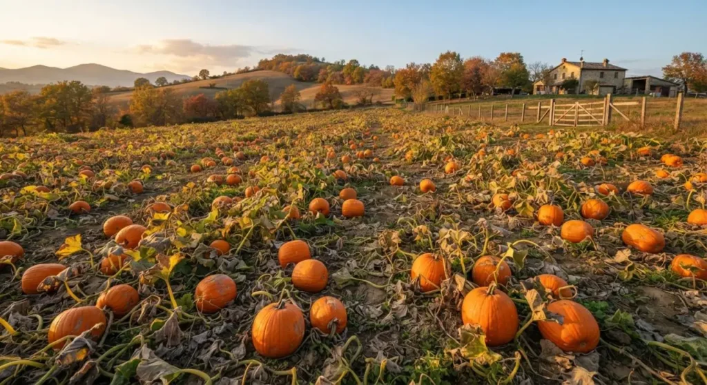 Campo di zucche in autunno Campo di zucche mature in autunno con colline sullo sfondo e luce calda del tramonto