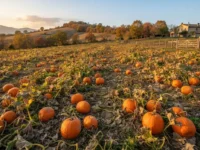 Campo di zucche mature in autunno con colline sullo sfondo e luce calda del tramonto