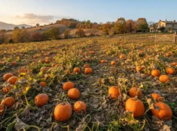 Campo di zucche mature in autunno con colline sullo sfondo e luce calda del tramonto