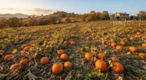 Campo di zucche in autunno Campo di zucche mature in autunno con colline sullo sfondo e luce calda del tramonto