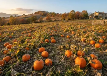 Campo di zucche mature in autunno con colline sullo sfondo e luce calda del tramonto