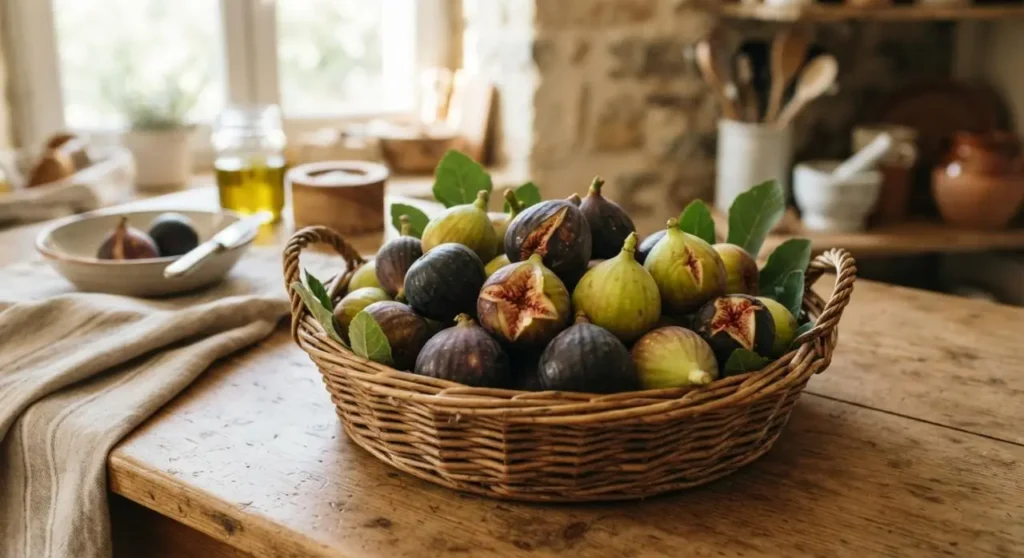 Cesta di fichi freschi sul tavolo della cucina Cesta in vimini con fichi freschi e maturi posizionata su un tavolo rustico in legno in cucina