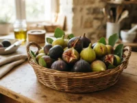 Cesta in vimini con fichi freschi e maturi posizionata su un tavolo rustico in legno in cucina