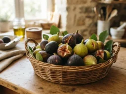 Cesta di fichi freschi sul tavolo della cucina Cesta in vimini con fichi freschi e maturi posizionata su un tavolo rustico in legno in cucina