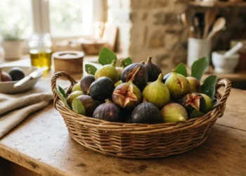 Cesta di fichi freschi sul tavolo della cucina Cesta in vimini con fichi freschi e maturi posizionata su un tavolo rustico in legno in cucina