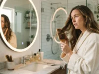 Donna in accappatoio in bagno si guarda allo specchio spazzolandosi i capelli e notando la caduta stagionale