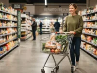 Persona sorridente che spinge un carrello della spesa pieno di prodotti freschi tra le corsie di un supermercato