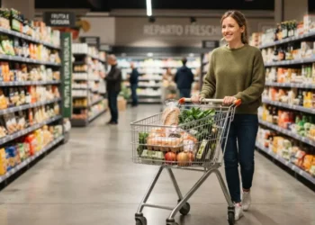 Persona sorridente che spinge un carrello della spesa pieno di prodotti freschi tra le corsie di un supermercato
