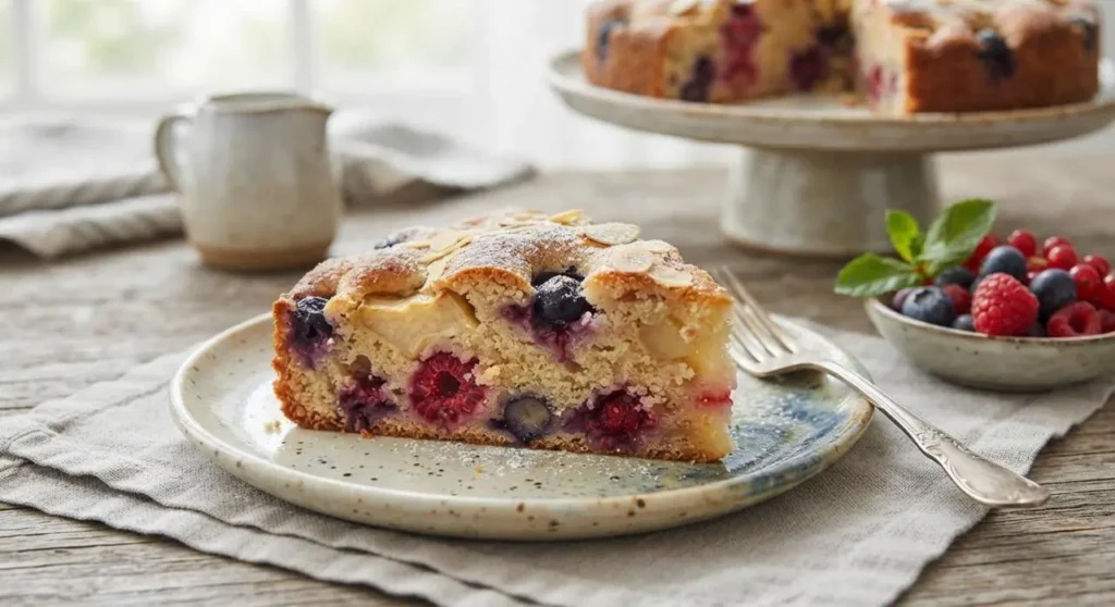 Torta soffice con frutta fresca Fetta di torta soffice con mirtilli e lamponi su un piatto rustico in ceramica
