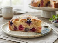 Fetta di torta soffice con mirtilli e lamponi su un piatto rustico in ceramica