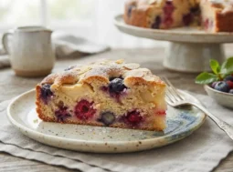 Fetta di torta soffice con mirtilli e lamponi su un piatto rustico in ceramica