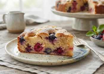 Torta soffice con frutta fresca Fetta di torta soffice con mirtilli e lamponi su un piatto rustico in ceramica