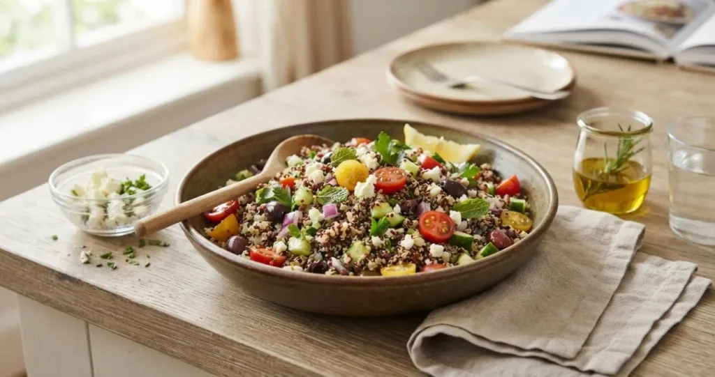 Insalata di quinoa ricetta Insalata di quinoa fresca e colorata in una ciotola, perfetta per una ricetta leggera e salutare.