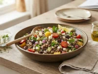 Insalata di quinoa fresca e colorata in una ciotola, perfetta per una ricetta leggera e salutare.
