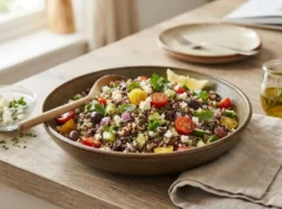 Insalata di quinoa fresca e colorata in una ciotola, perfetta per una ricetta leggera e salutare.