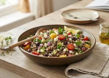 Insalata di quinoa ricetta Insalata di quinoa fresca e colorata in una ciotola, perfetta per una ricetta leggera e salutare.