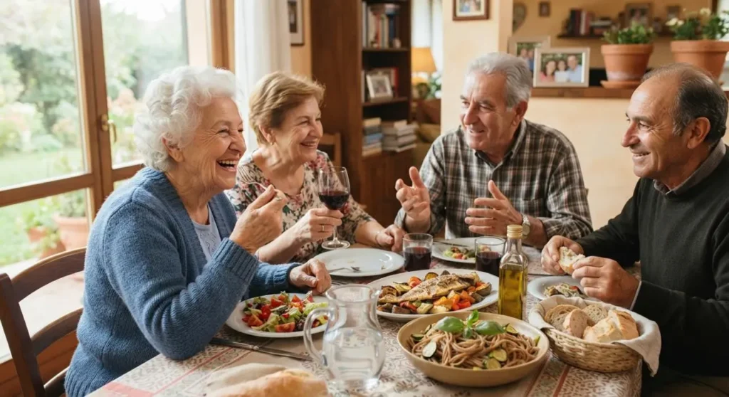 Persone anziane a tavola che consumano un pasto sano Gruppo di persone anziane sorridenti a tavola mentre pranzano con piatti sani ed equilibrati