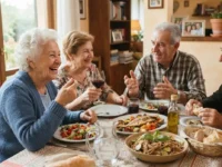 Gruppo di persone anziane sorridenti a tavola mentre pranzano con piatti sani ed equilibrati