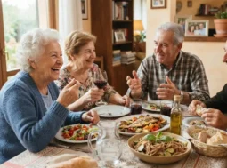 Gruppo di persone anziane sorridenti a tavola mentre pranzano con piatti sani ed equilibrati