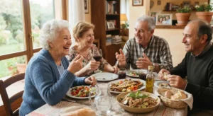 Gruppo di persone anziane sorridenti a tavola mentre pranzano con piatti sani ed equilibrati