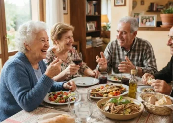 Gruppo di persone anziane sorridenti a tavola mentre pranzano con piatti sani ed equilibrati