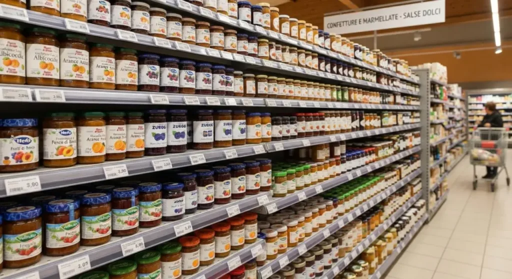 Confetture e marmellate sugli scaffali del supermercato Scaffale di un supermercato ben fornito con barattoli di vetro di confetture e marmellate di frutta disposti in vendita.