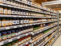 Scaffale di un supermercato ben fornito con barattoli di vetro di confetture e marmellate di frutta disposti in vendita.