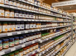 Scaffale di un supermercato ben fornito con barattoli di vetro di confetture e marmellate di frutta disposti in vendita.