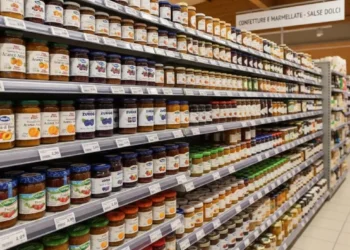Scaffale di un supermercato ben fornito con barattoli di vetro di confetture e marmellate di frutta disposti in vendita.