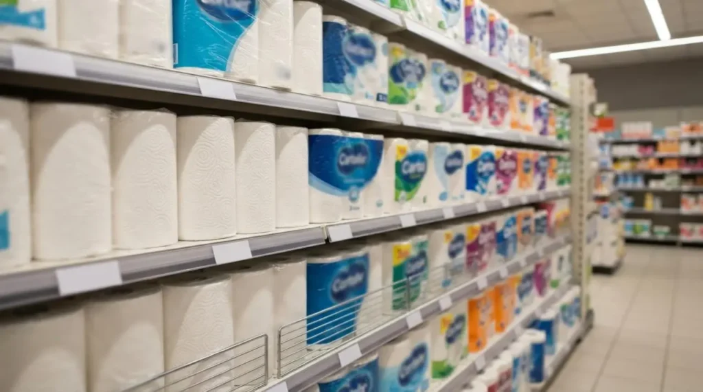 Rotoli di carta da cucina e asciugatutto in esposizione sullo scaffale di un supermercato