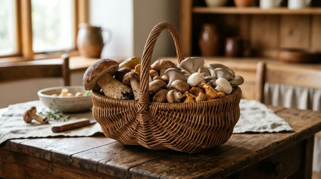Cesto di funghi freschi sul tavolo Cesto in vimini pieno di funghi freschi misti su un tavolo di legno rustico in cucina