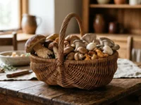 Cesto in vimini pieno di funghi freschi misti su un tavolo di legno rustico in cucina