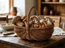 Cesto di funghi freschi sul tavolo Cesto in vimini pieno di funghi freschi misti su un tavolo di legno rustico in cucina