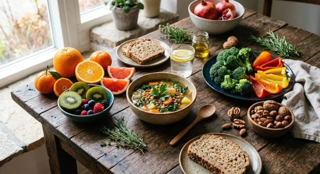 Tavolo in legno con alimenti ricchi di nutrienti per le difese immunitarie: agrumi, kiwi, broccoli, peperoni, frutta a guscio, pane integrale e zuppa calda.