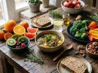 Tavolo in legno con alimenti ricchi di nutrienti per le difese immunitarie: agrumi, kiwi, broccoli, peperoni, frutta a guscio, pane integrale e zuppa calda.