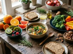 Cibi e ingredienti naturali per rinforzare il sistema immunitario in inverno Tavolo in legno con alimenti ricchi di nutrienti per le difese immunitarie: agrumi, kiwi, broccoli, peperoni, frutta a guscio, pane integrale e zuppa calda.