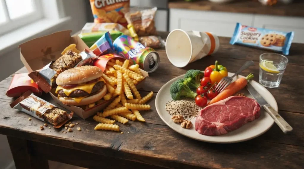 Cibi ultra-processati e carne rossa sul tavolo Tavolo in legno con cibi ultra-processati, fast food e un piatto con carne rossa e verdure