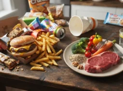 Cibi ultra-processati e carne rossa sul tavolo Tavolo in legno con cibi ultra-processati, fast food e un piatto con carne rossa e verdure