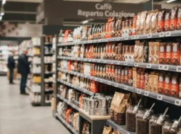 Reparto caffè del supermercato con scaffali pieni di bustine e barattoli.