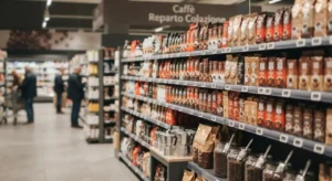 Classifica caffè macinato Altroconsumo: i marchi del test Reparto caffè del supermercato con scaffali pieni di bustine e barattoli.
