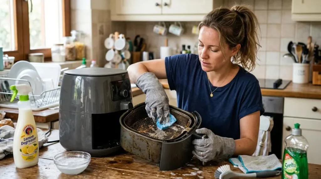 Donna che pulisce il cestello di una friggitrice ad aria con una spugna morbida sul piano della cucina