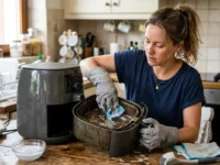 Donna che pulisce il cestello di una friggitrice ad aria con una spugna morbida sul piano della cucina