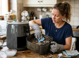 Donna che pulisce il cestello di una friggitrice ad aria con una spugna morbida sul piano della cucina