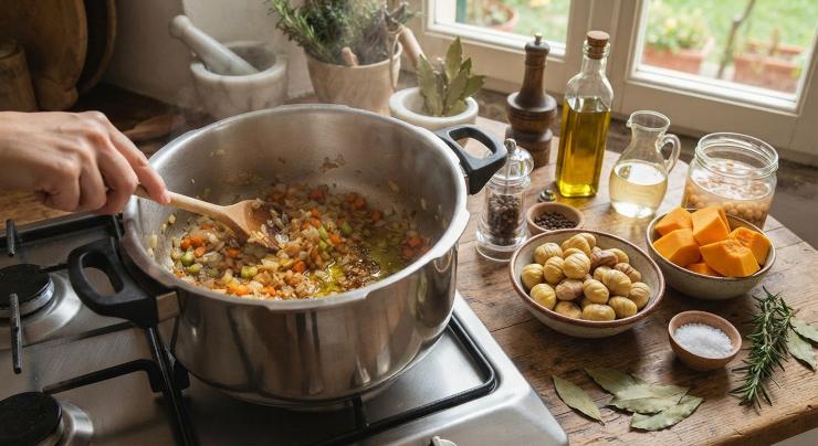 Mettete dell’olio extra vergine di oliva nella pentola a pressione, fatelo riscaldare e quando inizia a soffriggere versateci il composto di odori e sfumate con un po’ di vino bianco. Aggiungete le castagne che avete lessato, la zucca sbucciata e tagliata e i ceci (con tutta l’acqua in cui li avete lasciati a macerare per una notte). Unite qualche pizzico di sale, il pepe, le foglie di alloro e i rametti di rosmarino.