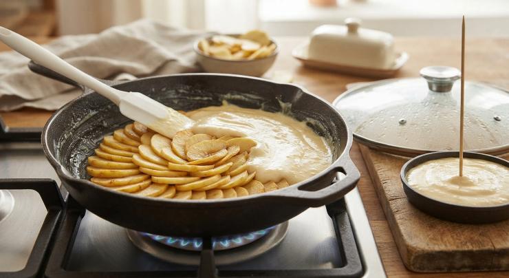 Prendete una padella antiaderente di circa 22-24 cm di diametro, imburratela o untela con un velo d’olio su fondo e bordi. Se desiderate, disponete le fettine di mele avanzate sul fondo della padella creando un bel disegno a raggiera.Versate l’impasto livellando bene la superficie con una spatola. Coprite la padella con il suo coperchio e cuocete a fiamma molto bassa (a corona) per circa 35-40 minuti. Controllate la cottura con uno stecchino di legno: dovrà uscire asciutto.