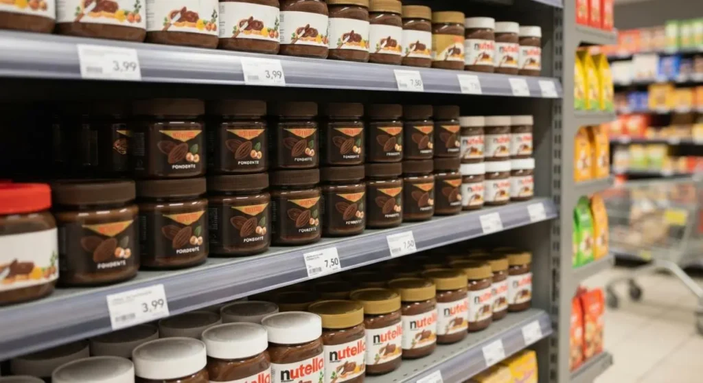 Confronto creme spalmabili Novi Fondente e Nutella al supermercato Barattoli di crema Novi Fondente e Nutella esposti sugli scaffali di un supermercato