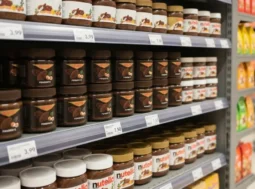 Confronto creme spalmabili Novi Fondente e Nutella al supermercato Barattoli di crema Novi Fondente e Nutella esposti sugli scaffali di un supermercato