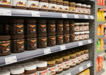 Barattoli di crema Novi Fondente e Nutella esposti sugli scaffali di un supermercato
